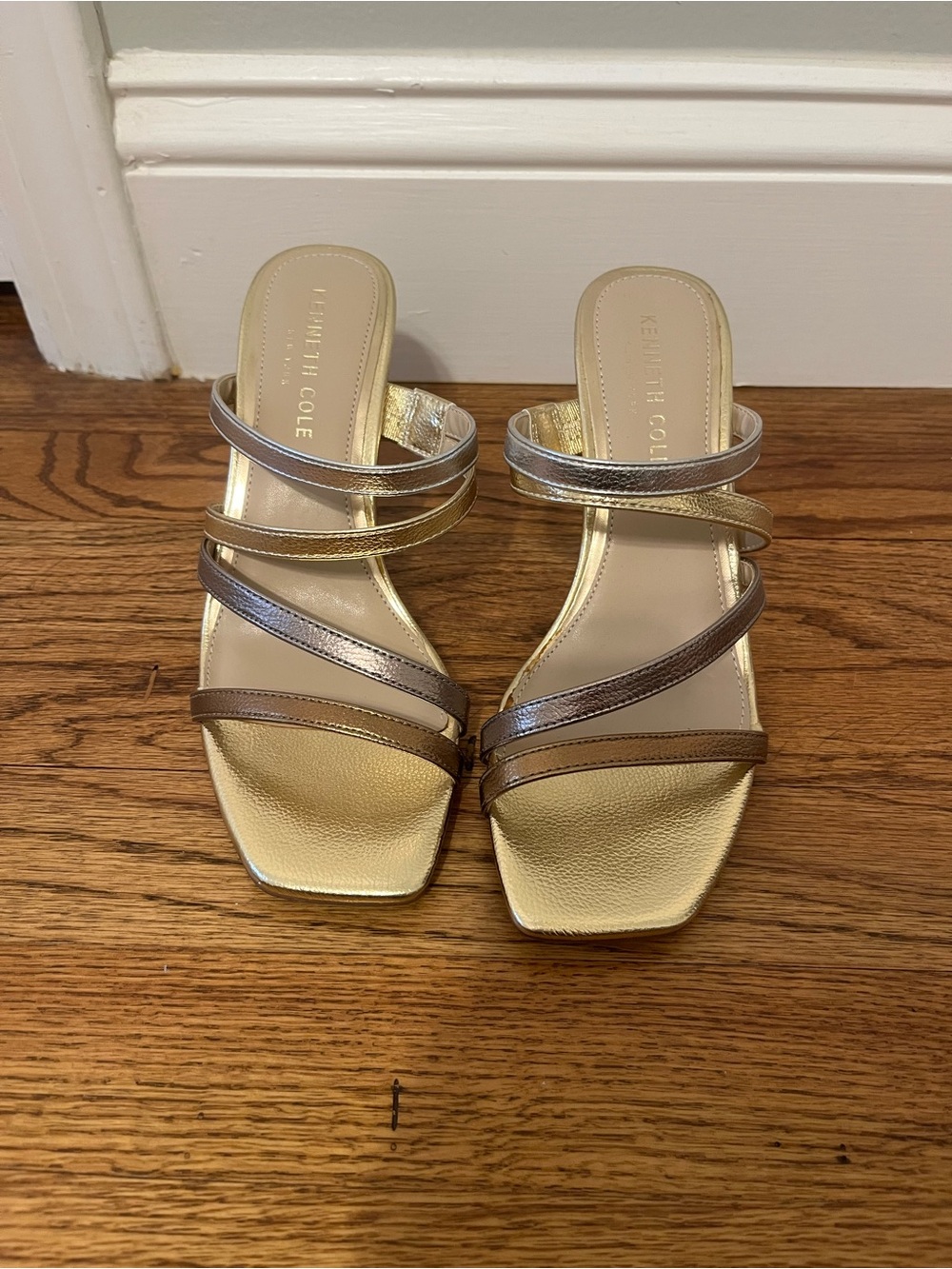 Kenneth Cole Metallic Multi-Striped Slide Sandals in Gold, Silver, Bronze